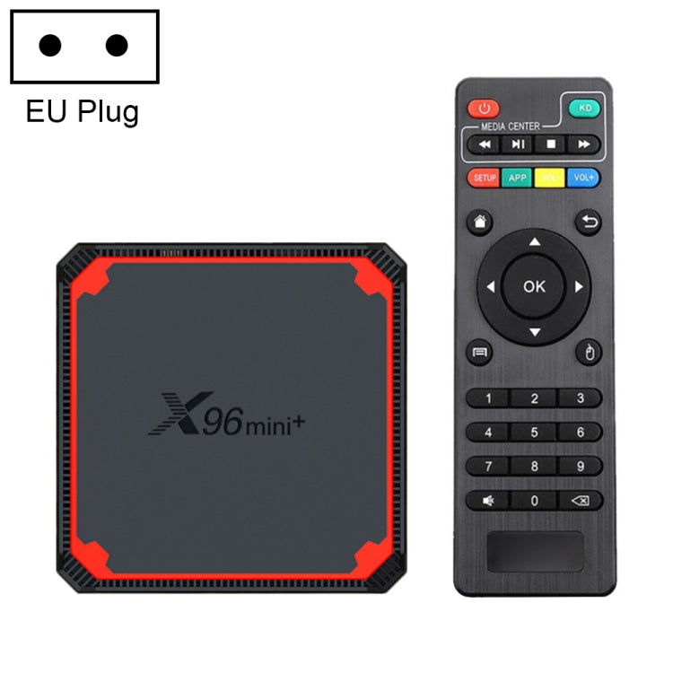 X96 mini+ 4K Smart TV BOX Android 9.0 Media Player with Remote Control, Amlogic S905W4 Quad Core ARM Cortex A53 up to 1.2GHz, RAM: 1GB, ROM: 8GB, 2.4G/5G WiFi, HDMI, TF Card, RJ45, US Plug, 1GB+8GB