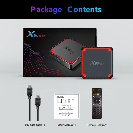 X96 mini+ 4K Smart TV BOX Android 9.0 Media Player with Remote Control, Amlogic S905W4 Quad Core ARM Cortex A53 up to 1.2GHz, RAM: 1GB, ROM: 8GB, 2.4G/5G WiFi, HDMI, TF Card, RJ45, US Plug, 1GB+8GB