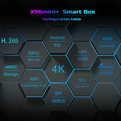 X96 mini+ 4K Smart TV BOX Android 9.0 Media Player with Remote Control, Amlogic S905W4 Quad Core ARM Cortex A53 up to 1.2GHz, RAM: 1GB, ROM: 8GB, 2.4G/5G WiFi, HDMI, TF Card, RJ45, US Plug, 1GB+8GB