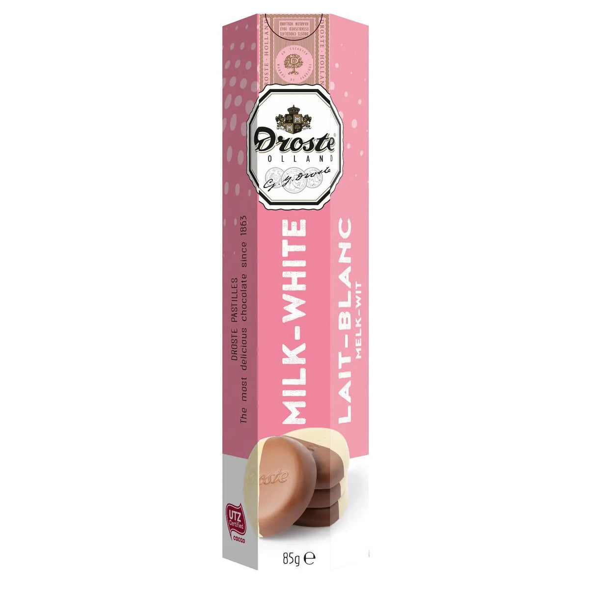 Milk and white chocolate pastilles in tube
