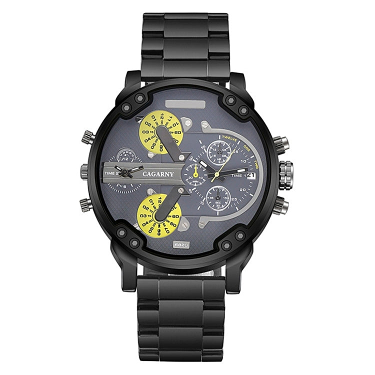 CAGARNY 6820 Fashionable Business Style Large Dial Dual Time Zone Quartz Movement Wrist Watch with Stainless Steel Band & Calendar Function for Men((Black Steel Band Blue Window), Black Steel Band Blue Window, Steel Band White Window�������������������...