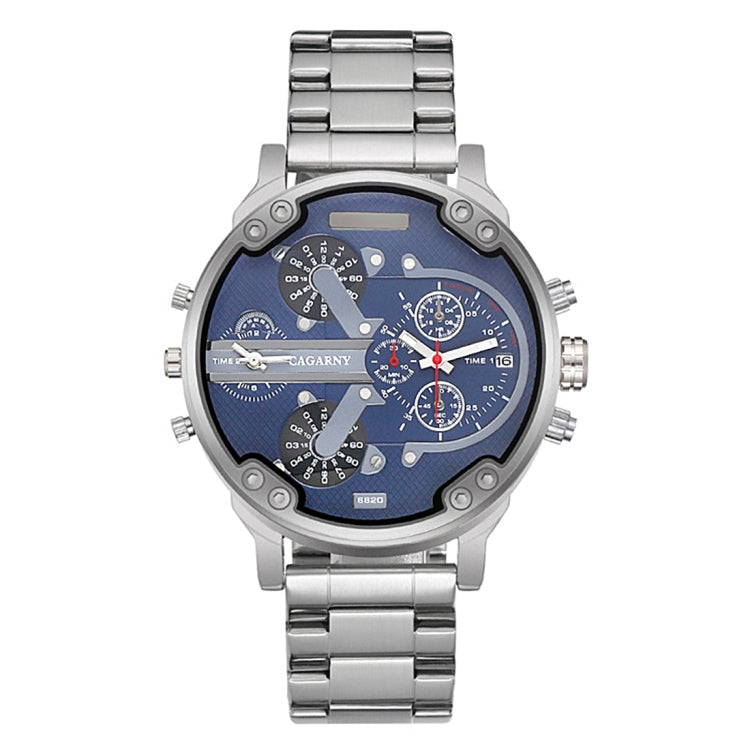 CAGARNY 6820 Fashionable Business Style Large Dial Dual Time Zone Quartz Movement Wrist Watch with Stainless Steel Band & Calendar Function for Men((Black Steel Band Blue Window), Black Steel Band Blue Window, Steel Band White Window�������������������...
