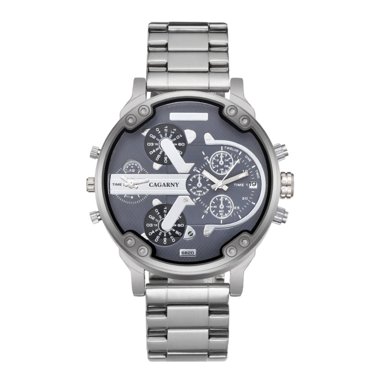 CAGARNY 6820 Fashionable Business Style Large Dial Dual Time Zone Quartz Movement Wrist Watch with Stainless Steel Band & Calendar Function for Men((Black Steel Band Blue Window), Black Steel Band Blue Window, Steel Band White Window�������������������...