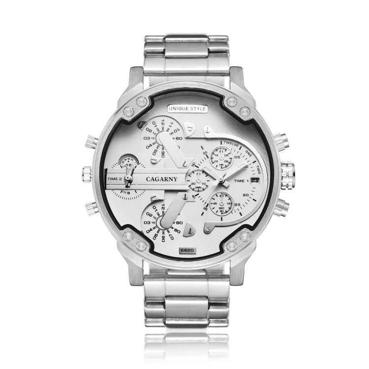 CAGARNY 6820 Fashionable Business Style Large Dial Dual Time Zone Quartz Movement Wrist Watch with Stainless Steel Band & Calendar Function for Men((Black Steel Band Blue Window), Black Steel Band Blue Window, Steel Band White Window�������������������...