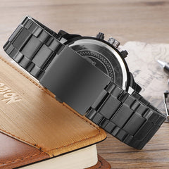 CAGARNY 6820 Fashionable Business Style Large Dial Dual Time Zone Quartz Movement Wrist Watch with Stainless Steel Band & Calendar Function for Men((Black Steel Band Blue Window), Black Steel Band Blue Window, Steel Band White Window�������������������...