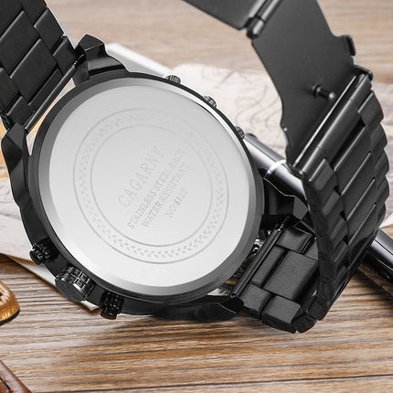 CAGARNY 6820 Fashionable Business Style Large Dial Dual Time Zone Quartz Movement Wrist Watch with Stainless Steel Band & Calendar Function for Men((Black Steel Band Blue Window)