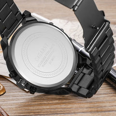 CAGARNY 6820 Fashionable Business Style Large Dial Dual Time Zone Quartz Movement Wrist Watch with Stainless Steel Band & Calendar Function for Men((Black Steel Band Blue Window), Black Steel Band Blue Window, Steel Band White Window�������������������...