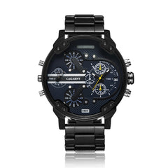 CAGARNY 6820 Fashionable Business Style Large Dial Dual Time Zone Quartz Movement Wrist Watch with Stainless Steel Band & Calendar Function for Men((Black Steel Band Blue Window), Black Steel Band Blue Window, Steel Band White Window�������������������...