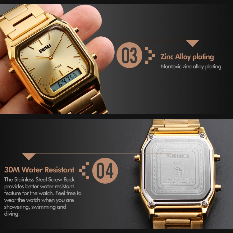 SKMEI 1220 Multifunctional Men Outdoor Business Noctilucent Waterproof Double Display Steel Watchband Wrist Watch, 1220 Black, 1220 Blue, 1220 Rose Gold, 1220 Silver