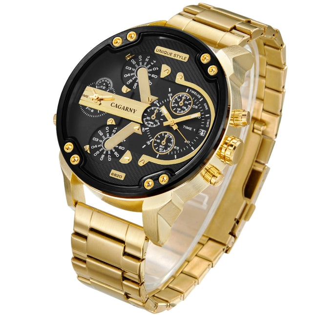 CAGARNY 6820 Large Dial Calendar Display Stainless Steel Band Quartz Dual Movement Watch For Men(Black Ring Gold Steel Belt)