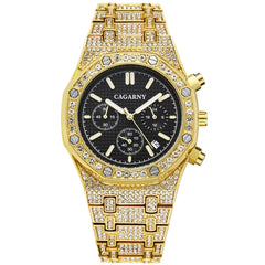 CAGARNY 6881 Diamond-studded Six-needles Guartz Dual Movement Watch Men Stainless Steel Strap Watch (Gold Shell Gold Dial), WA0334JB, WA0334JW, WA0334L, WA0334SB, WA0334SW