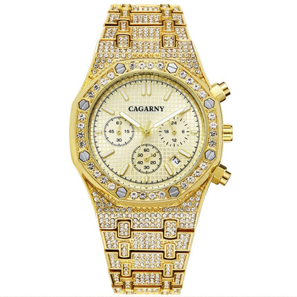 CAGARNY 6881 Diamond-studded Six-needles Guartz Dual Movement Watch Men Stainless Steel Strap Watch (Gold Shell Gold Dial)