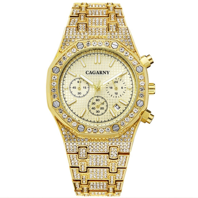 CAGARNY 6881 Diamond-studded Six-needles Guartz Dual Movement Watch Men Stainless Steel Strap Watch (Gold Shell Gold Dial)