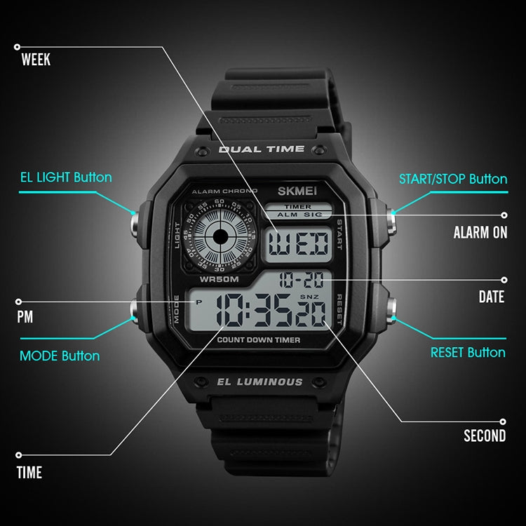SKMEI 1299 Multifunctional Outdoor Sports Noctilucent Waterproof Digital Display Wrist Watch, 1299(Army Green), 1299(Black), 1299(Blue), 1299(Red)