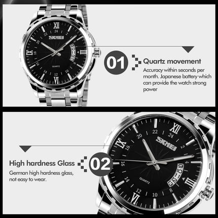 SKMEI 9069 Multifunctional Outdoor Fashion Business Waterproof Silver Shell Quartz Wrist Watch