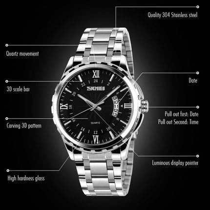 SKMEI 9069 Multifunctional Outdoor Fashion Business Waterproof Silver Shell Quartz Wrist Watch