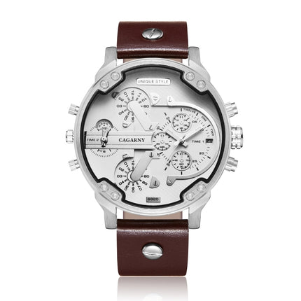 CAGARNY 6820 Fashionable Multifunctional Style Quartz Business Sport Wrist Watch with Leather Band & GMT Time & Calendar & Luminous Display for Men(Brown Band White Window), Brown Band White Window, Black Band White Window, Black Band Blue Window