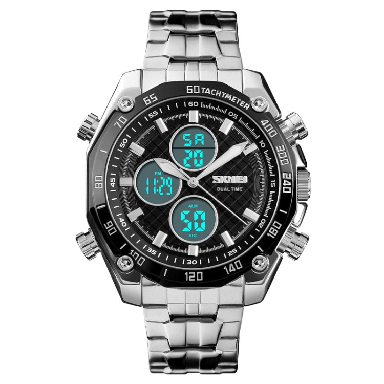 SKMEI 1302 Fashion Men Leisure Wrist Watch Multifunctional Dual-time Sports Digital Watch with Stainless Steel Watchband 30m Waterproof