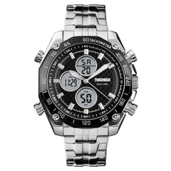 SKMEI 1302 Fashion Men Leisure Wrist Watch Multifunctional Dual-time Sports Digital Watch with Stainless Steel Watchband 30m Waterproof
