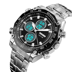SKMEI 1302 Fashion Men Leisure Wrist Watch Multifunctional Dual-time Sports Digital Watch with Stainless Steel Watchband 30m Waterproof