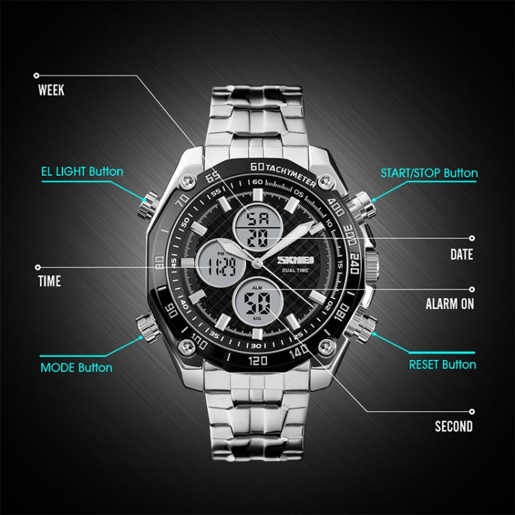 SKMEI 1302 Fashion Men Leisure Wrist Watch Multifunctional Dual-time Sports Digital Watch with Stainless Steel Watchband 30m Waterproof