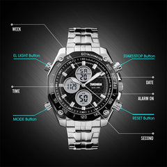 SKMEI 1302 Fashion Men Leisure Wrist Watch Multifunctional Dual-time Sports Digital Watch with Stainless Steel Watchband 30m Waterproof