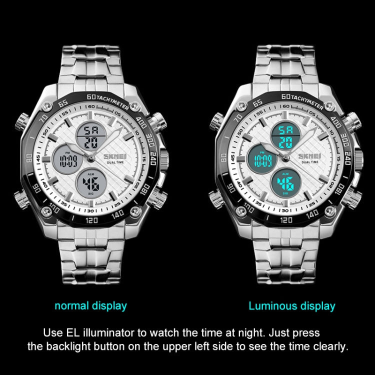 SKMEI 1302 Fashion Men Leisure Wrist Watch Multifunctional Dual-time Sports Digital Watch with Stainless Steel Watchband 30m Waterproof