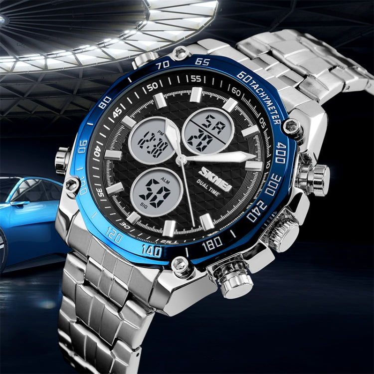 SKMEI 1302 Fashion Men Leisure Wrist Watch Multifunctional Dual-time Sports Digital Watch with Stainless Steel Watchband 30m Waterproof