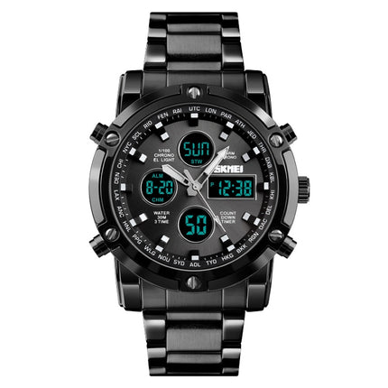 SKMEI 1389 Multifunctional Men Business Digital Watch 30m Waterproof Large Dial Wrist Watch with Stainless Steel Watchband , 1389 Black, 1389 Blue, 1389 Silver