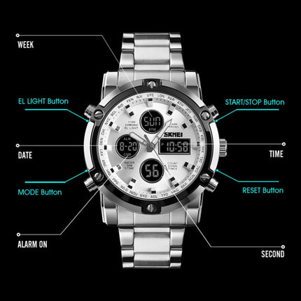 SKMEI 1389 Multifunctional Men Business Digital Watch 30m Waterproof Large Dial Wrist Watch with Stainless Steel Watchband , 1389 Black, 1389 Blue, 1389 Silver