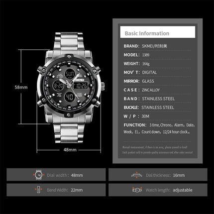 SKMEI 1389 Multifunctional Men Business Digital Watch 30m Waterproof Large Dial Wrist Watch with Stainless Steel Watchband , 1389 Black, 1389 Blue, 1389 Silver