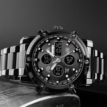 SKMEI 1389 Multifunctional Men Business Digital Watch 30m Waterproof Large Dial Wrist Watch with Stainless Steel Watchband , 1389 Black, 1389 Blue, 1389 Silver