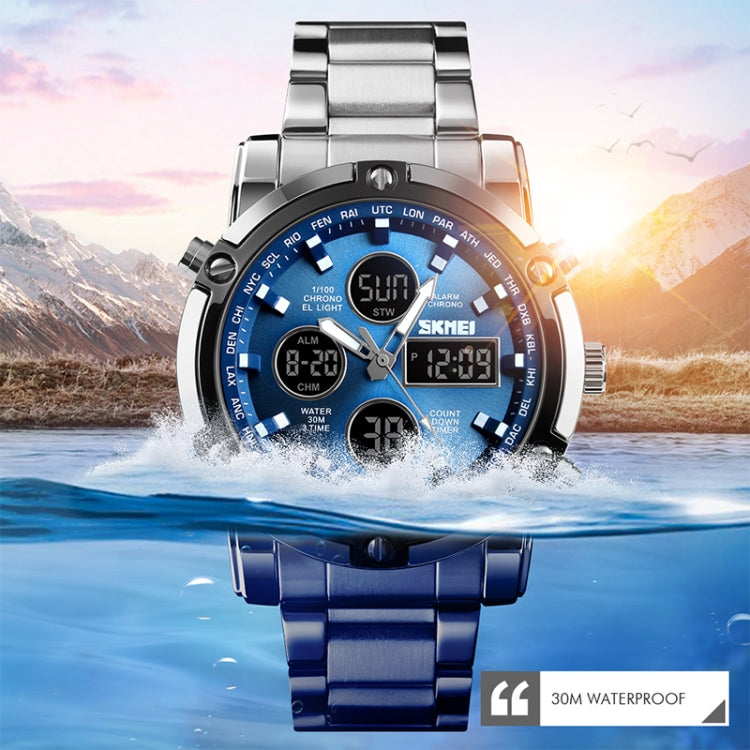 SKMEI 1389 Multifunctional Men Business Digital Watch 30m Waterproof Large Dial Wrist Watch with Stainless Steel Watchband , 1389 Black, 1389 Blue, 1389 Silver