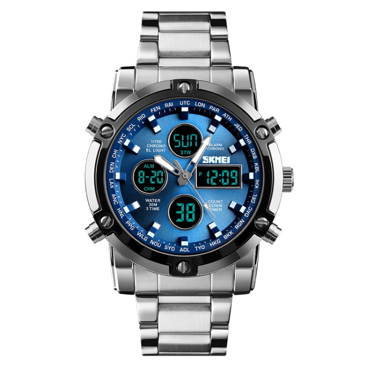 SKMEI 1389 Multifunctional Men Business Digital Watch 30m Waterproof Large Dial Wrist Watch with Stainless Steel Watchband , 1389 Black, 1389 Blue, 1389 Silver