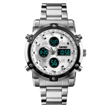 SKMEI 1389 Multifunctional Men Business Digital Watch 30m Waterproof Large Dial Wrist Watch with Stainless Steel Watchband , 1389 Black, 1389 Blue, 1389 Silver