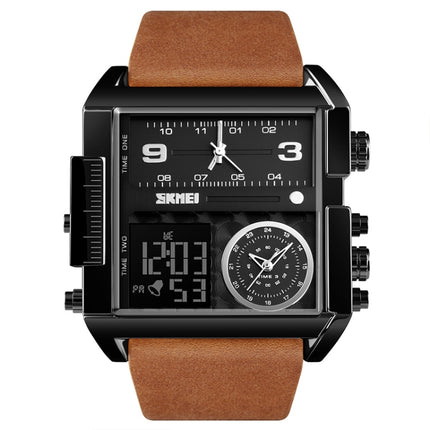 SKMEI 1391 Multifunctional Men Business Digital Watch 30m Waterproof Square Dial Wrist Watch with Leather Watchband