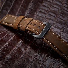 Crazy Horse Layer Frosted Black Buckle Watch Leather Watch Band, Size: 24mm