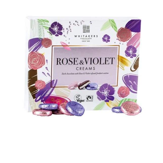 Whitakers foiled dark chocolate rose and violet creams in carton