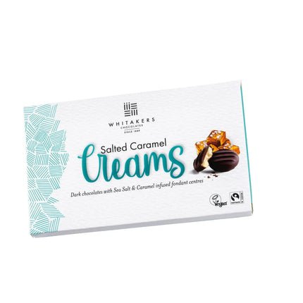 Whitakers dark chocolate covered salted caramel fondant creams in carton