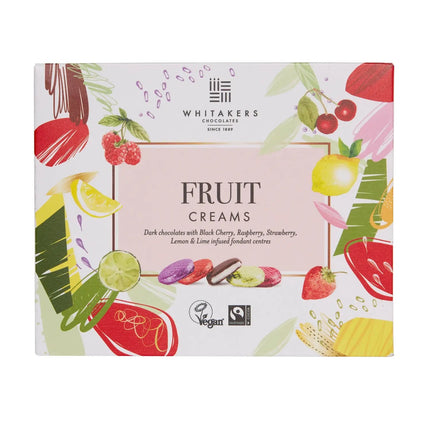 Whitakers foiled dark chocolate fruit creams in carton - black cherry, raspberry, strawberry, lemon & lime