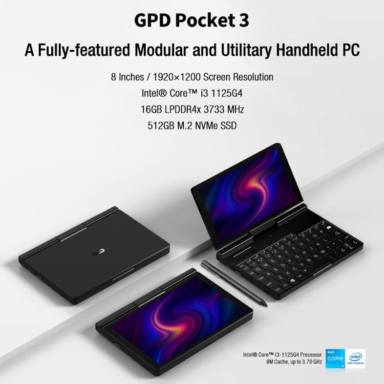 GPD Pocket 3 Handheld PC, 16GB+512GB, 8 inch Windows 11 Home Intel Core i3-1125G4, EU Plug, WMC2572EU, WMC2572UK, WMC2572US