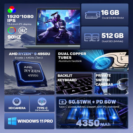 G16 Air 15.6 inch Gaming Laptop, 16GB+512GB, Windows 11 Pro AMD Ryzen 9 4950U Octa Core, US Plug, 16GB+512GB
