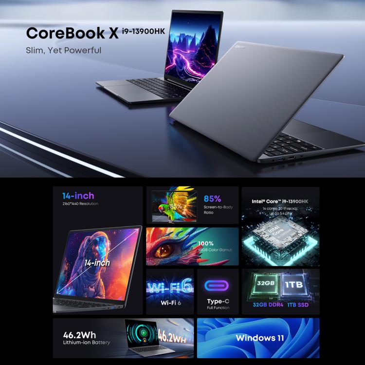 CHUWI CoreBook X 14 inch Laptop, 32GB+1TB, Windows 11 Intel Core i9-13900HK 14-Cores, EU Plug, i9-13900HK 32GB+1TB