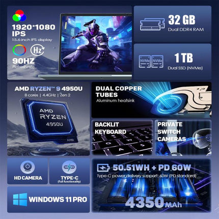 G16 Air 15.6 inch Gaming Laptop, 32GB+1TB, Windows 11 Pro AMD Ryzen 9 4950U Octa Core, EU Plug, 32GB+1TB