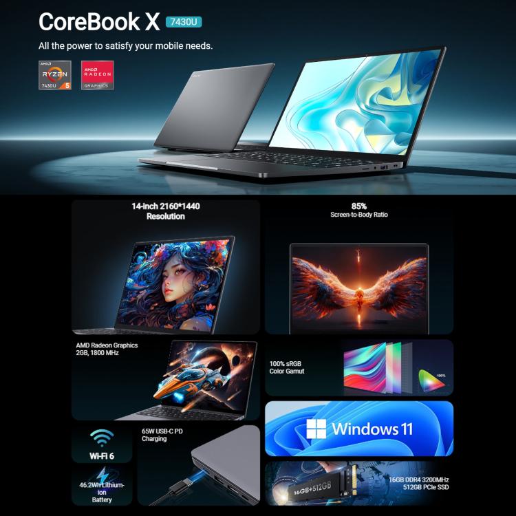 CHUWI CoreBook X 14 inch Laptop, 16GB+512GB, Windows 11 AMD Ryzen 5 7430U 6-Cores, EU Plug