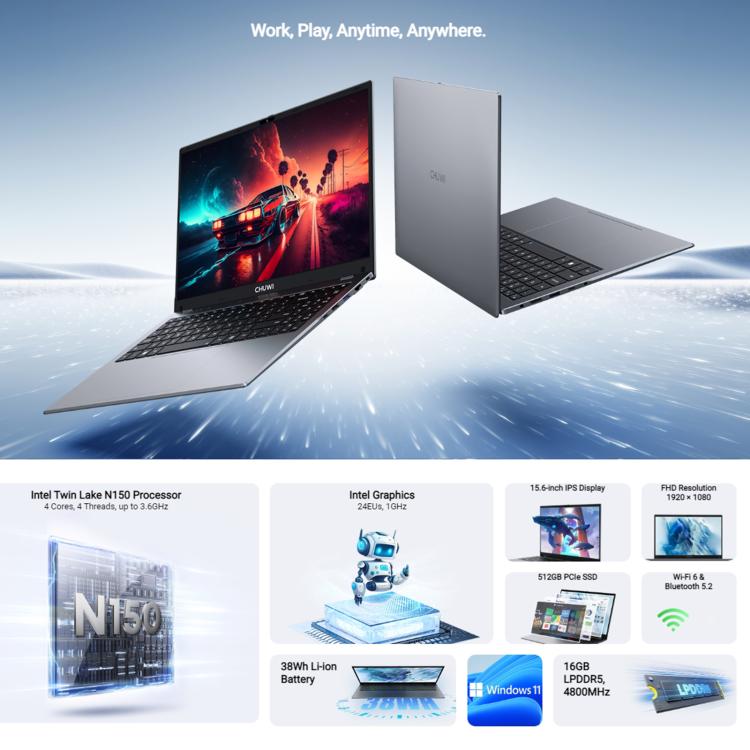 CHUWI GemiBook Plus 15.6 inch Laptop, 16GB+512GB, Windows 11 Intel Twin Lake N150 Quad Core, EU Plug