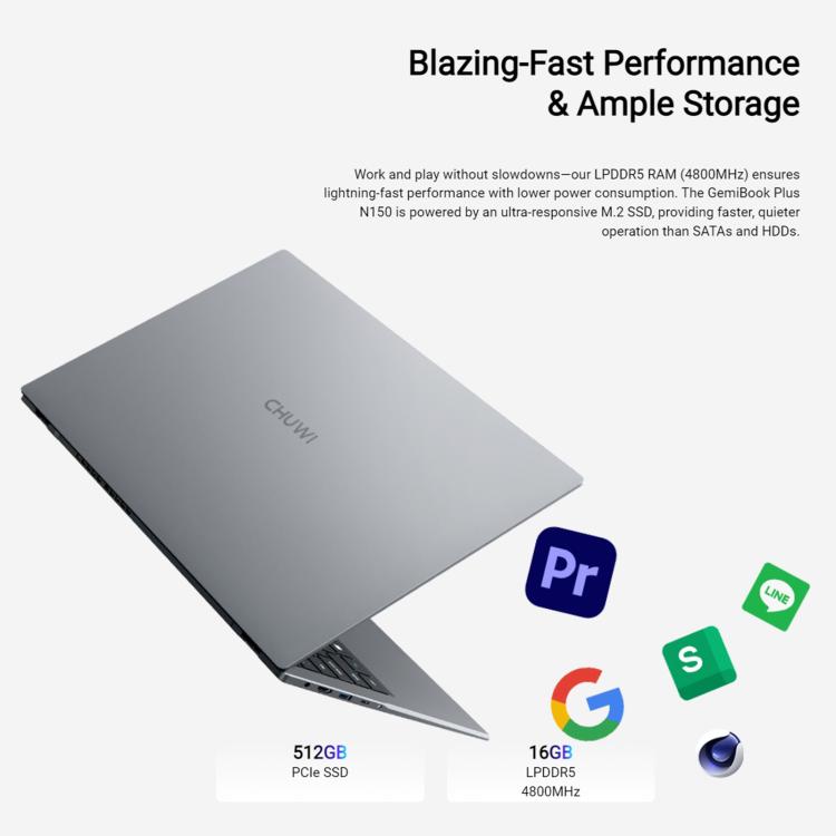 CHUWI GemiBook Plus 15.6 inch Laptop, 16GB+512GB, Windows 11 Intel Twin Lake N150 Quad Core, EU Plug