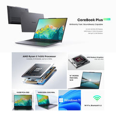 CHUWI CoreBook Plus 16 inch Laptop, 16GB+512GB, Windows 11 AMD Ryzen 5 7430U 6-Cores, EU Plug