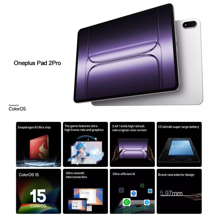 OnePlus Pad 2 Pro 13.2 inch WiFi Tablet PC, 16GB+1TB ColorOS 15.0 Qualcomm Snapdragon 8 Ultra Octa Core CPU, 16GB+1TB