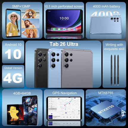 Tab 26 Ultra 10.1 inch 4G LTE Tablet PC, 4GB+64GB, Android 10 MTK6755 Octa Core, US Plug, US Plug